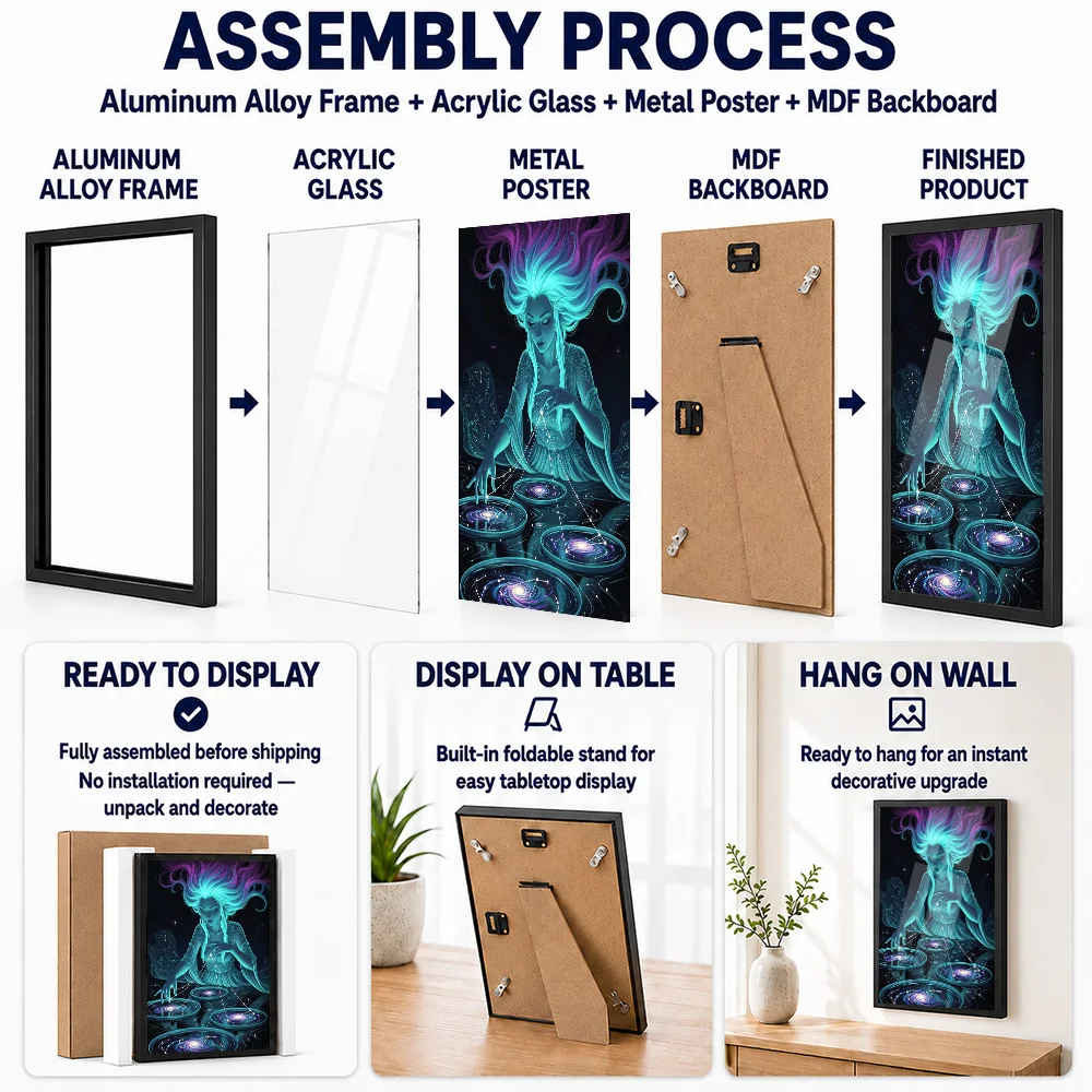 Celestial Weaver: Cosmic Connections Metal Poster With Aluminum Alloy Frame Personalized Orbital Theme Wall Art Ideal For Office