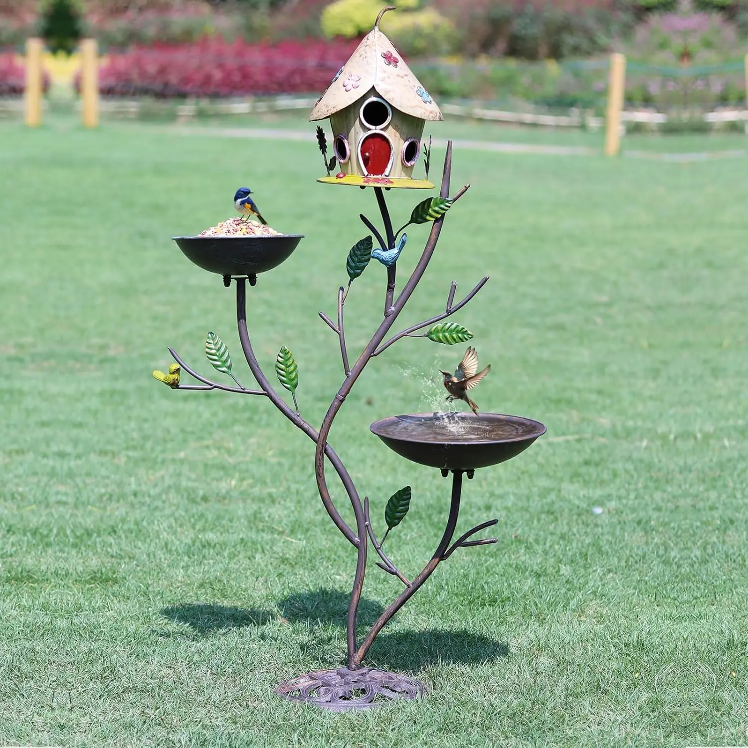 

39" Cast Iron Pedestal Bird Bath with Metal House Feeder, 3-in-1 Outdoor Garden Decor