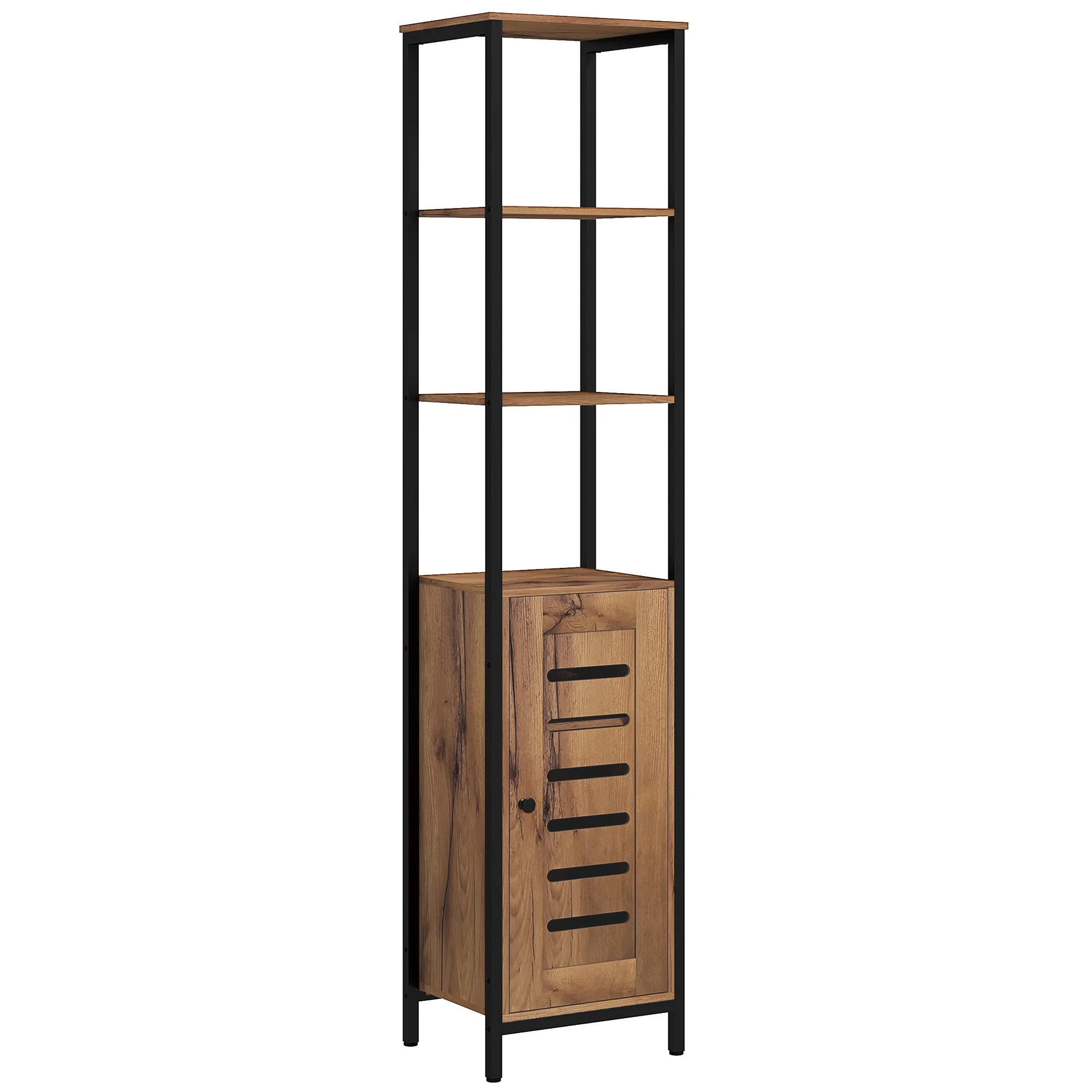 kleankin Meuble colonne de salle de bain, armoire de toilette haute, design industriel, avec 3 étagères ouvertes, porte à lamelles et étagères réglabl