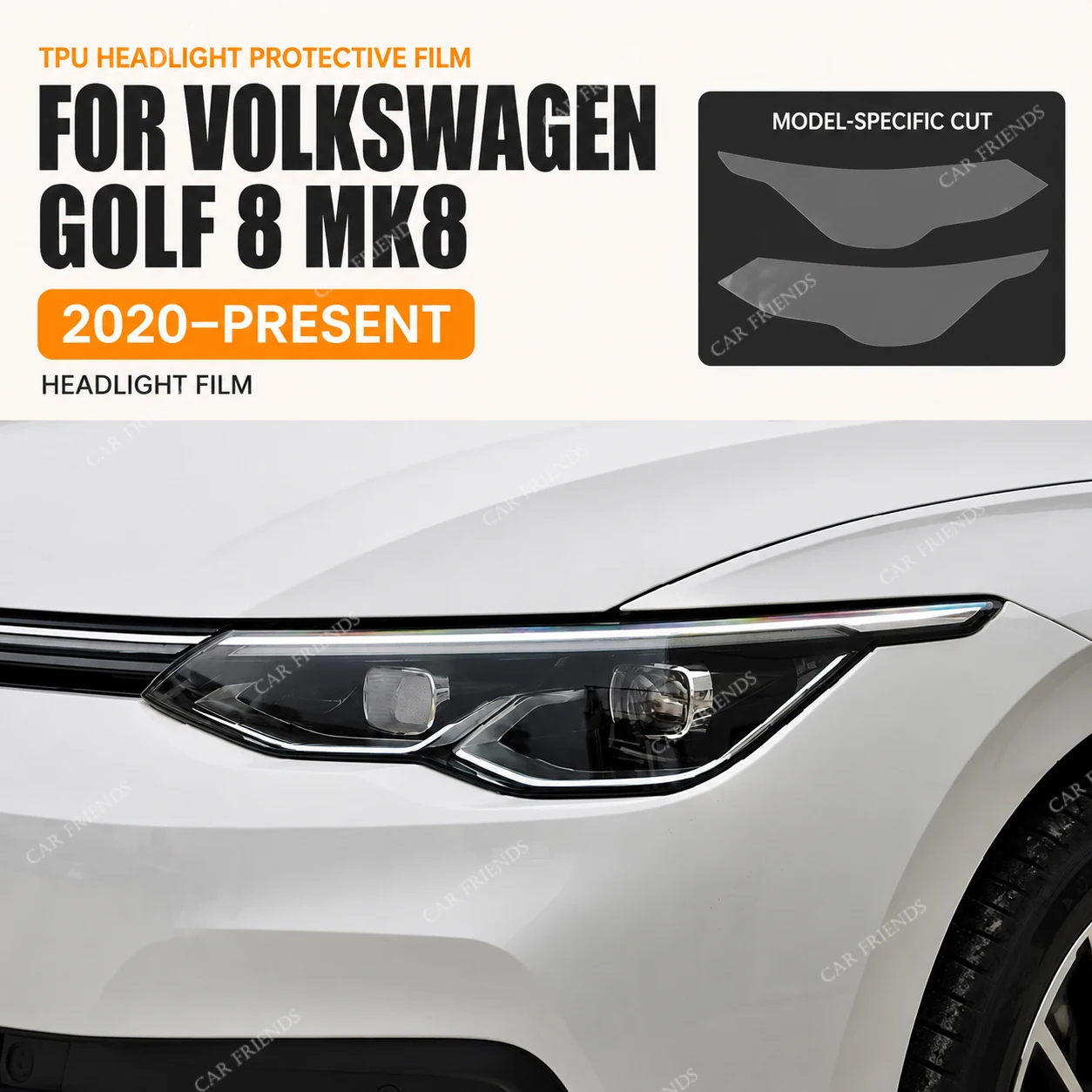 2PCS Pre-Cut Automotive TPU Headlight Protective Film for Volkswagen Golf 8 MK8 R Line GTI 2020-2021 Smoke Black Tint Sticker