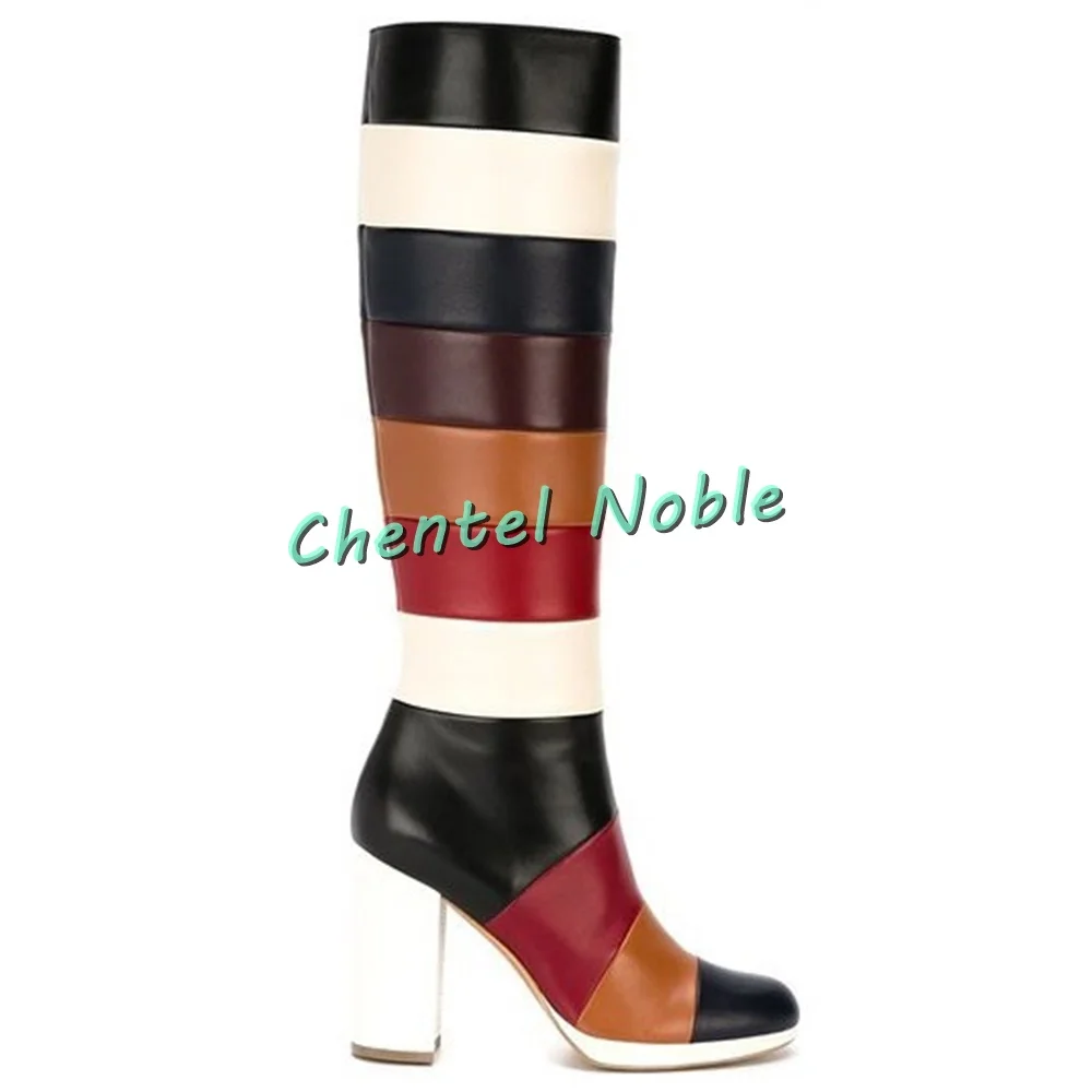 Women Rainbow Knee-high Boots Round Peep Toe Square High Heels Platform Slip-on Stilettos Autumn Winter Boots New Arrivals 2025