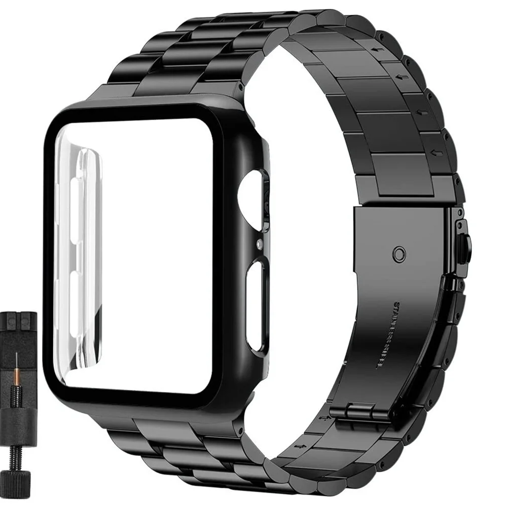 

2set strap for apple watch se 6 case + band 44mm 40mm series 5 4 Stainless Steel Bracelet + Glass Screen case for iwatch 6 bands