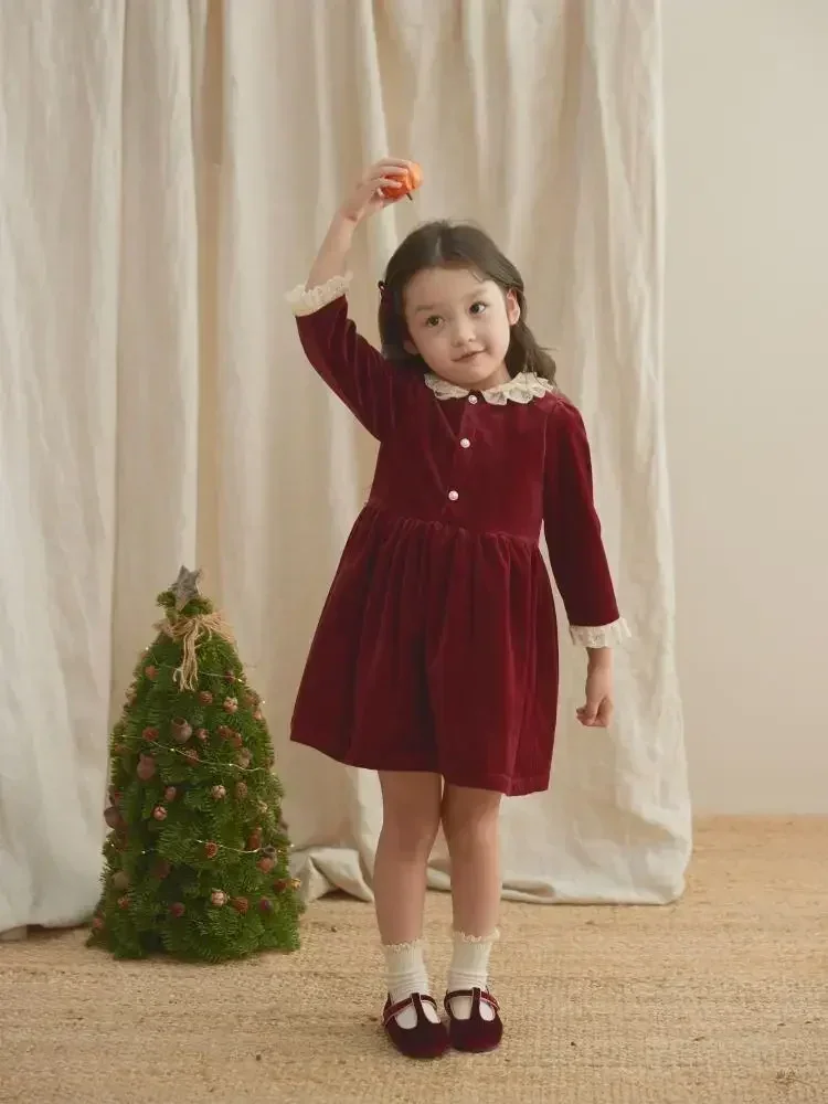 2025 Festive Dress Girl Children's Clothes Kids Princess Vintage Lace Collar Red Velvet Dresses Infants Clothing Spring for Eid #4