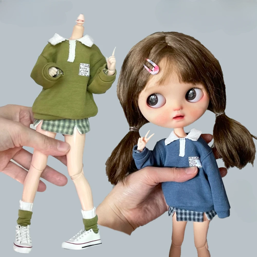 Doll\'s Clothes for 1/4 1/6 Bjd Doll Ob24 Flip Collar Hoodie Plaid Slit Short Skirt Color Matching Socks Toys Doll Accessories