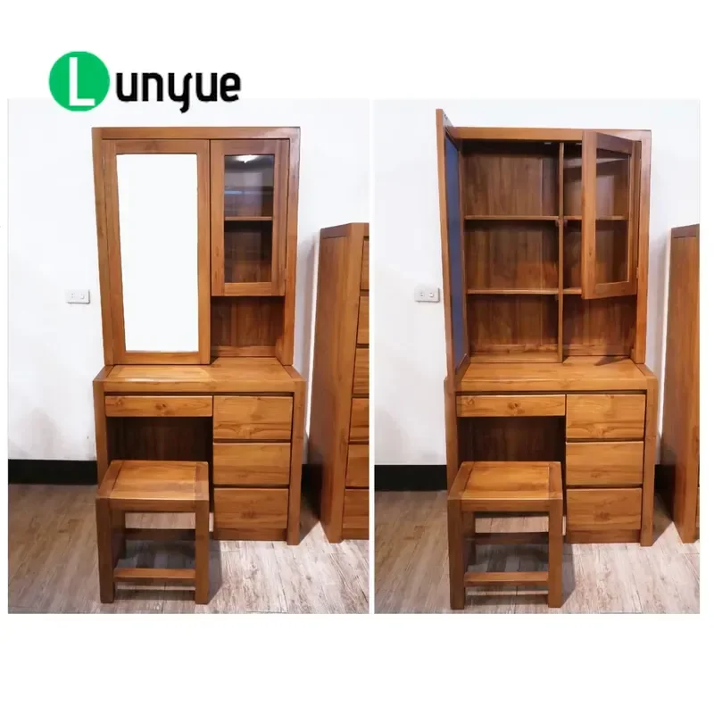Modern Minimalist Solid Wood Teak Bedroom Vanity 2 Doors 4 Drawers Removable Mirror Sustainable Durable Makeup Dressing Table