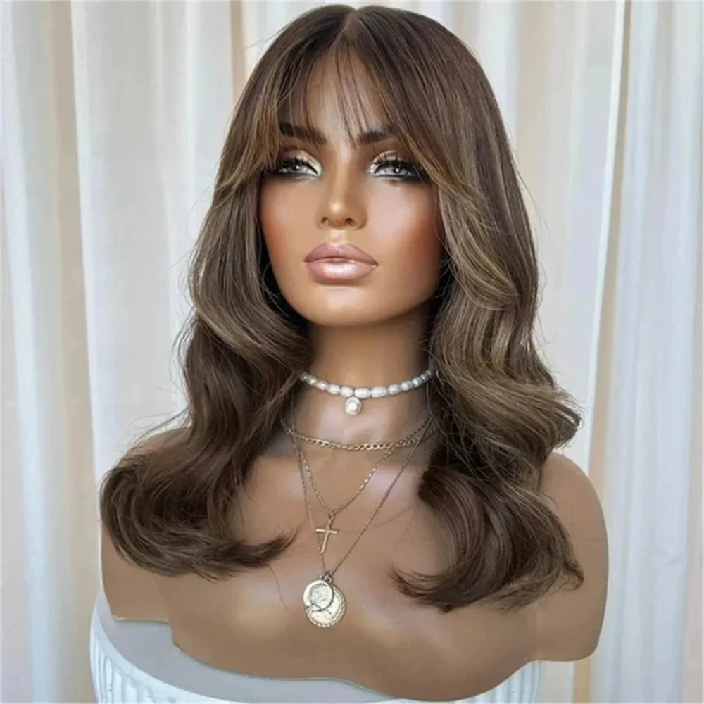 

Шоколадно-коричневый парик из синтетического волокна с темными корнями, свободные волны, средняя челка, длиной до плеч, для женщин, термостойкий