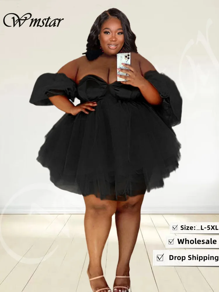 Wmstar Plus Size Party Dresses Women Sexy Cute  Mesh Elegant Birthday Outfits Big Hem Mini Dress Summer Wholesale Dropshipping