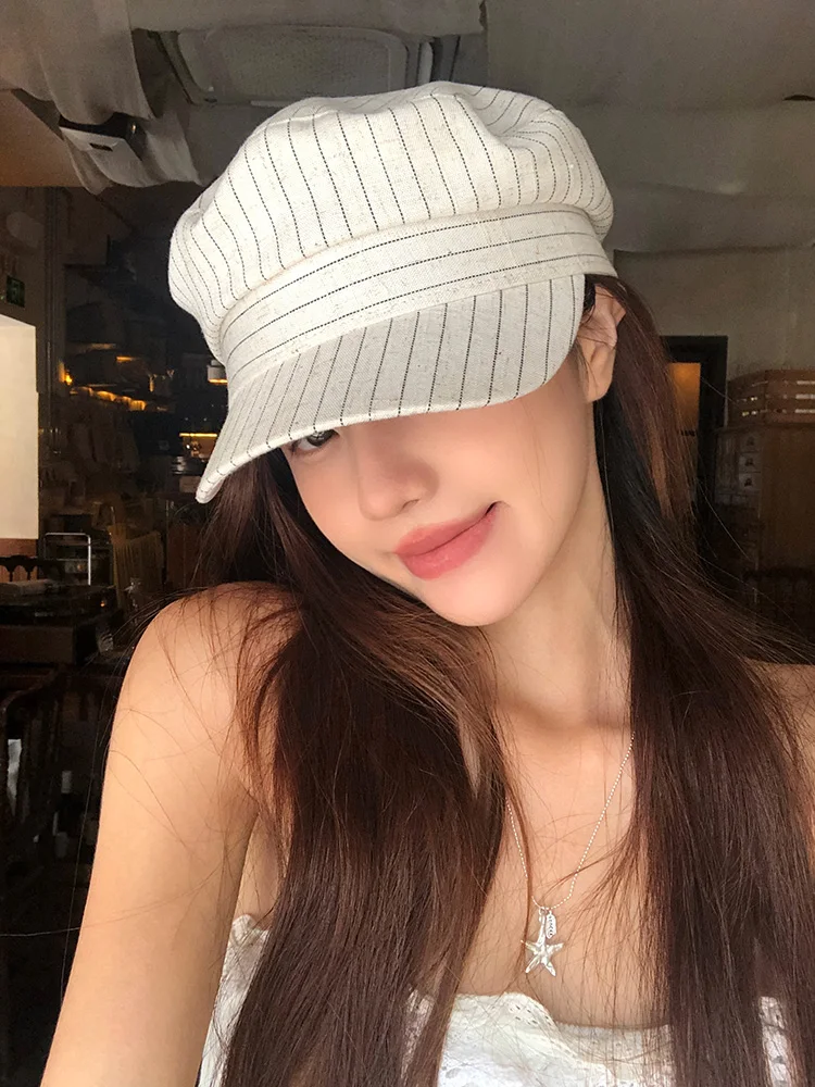 Japanese Style Artistic Striped Cotton Linen Flat Top Octagonal Hat Women Summer Thin Breathable Retro Fashion Beret Hat