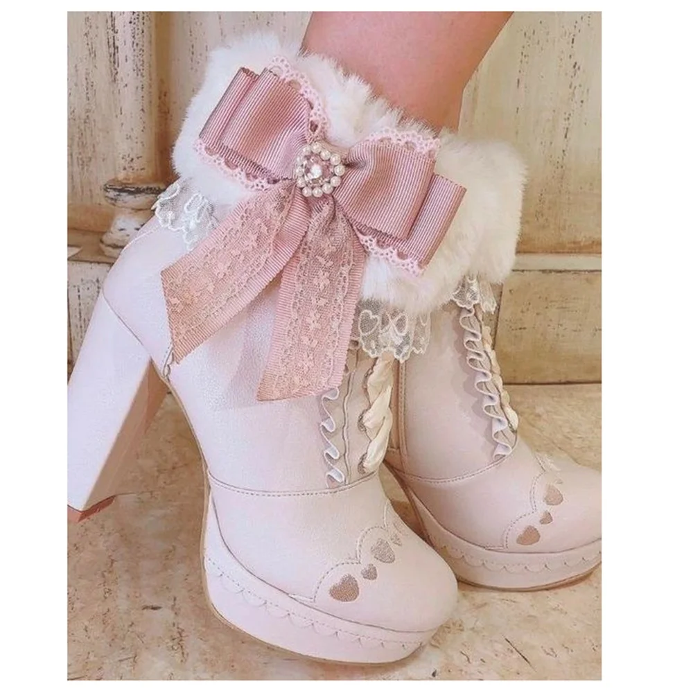 

Pink Butterfly Knot Decor Ankle Boots Fur Chunky High Heel Platform Fashion Sexy Women Shoes Hot Girls 2025 Winter Para Mujere