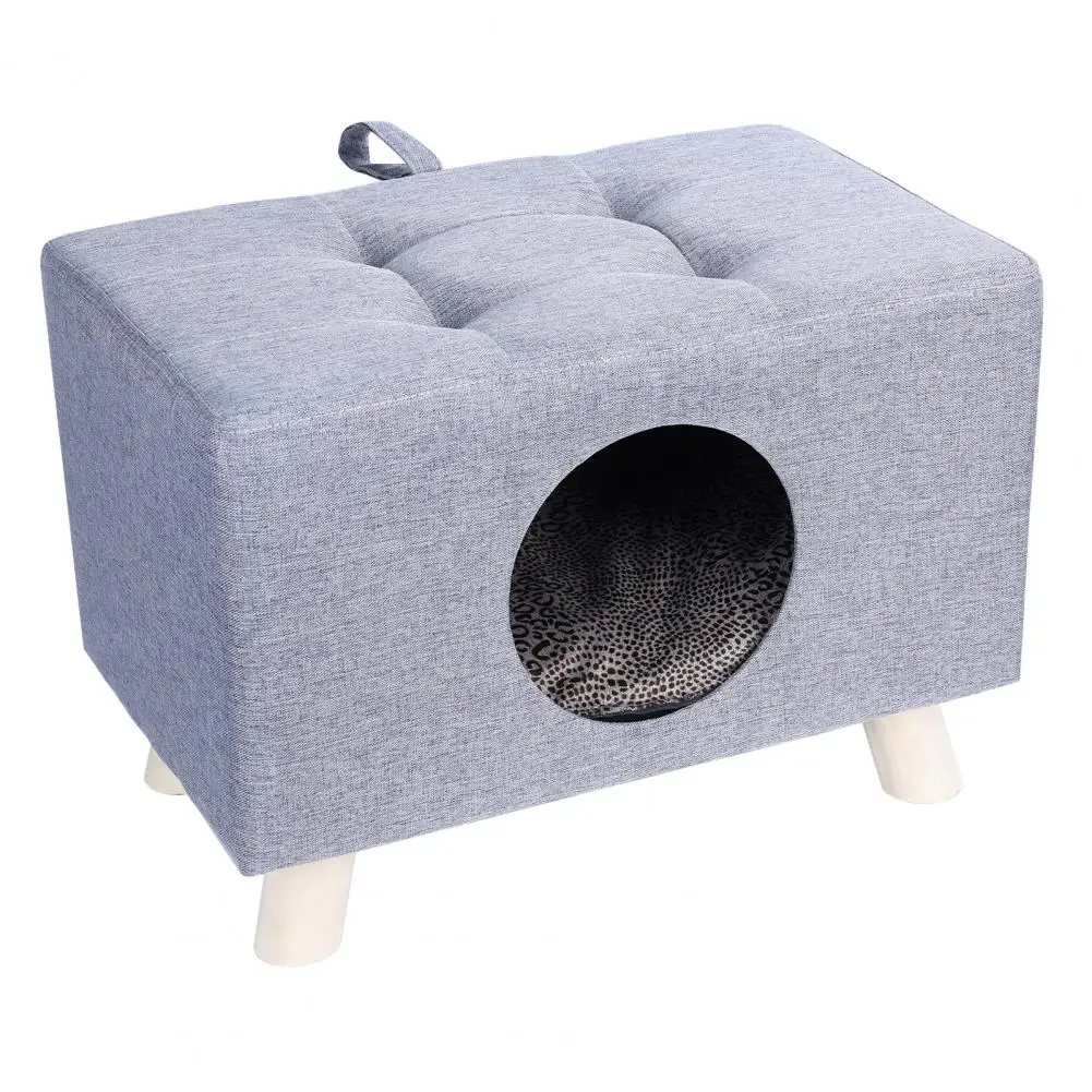 Cat Nest, Wood Pet House Cat Cave with Mat, Pet House Foot Rest Stool with Cushion, Cube House for Cats and Small Dogs