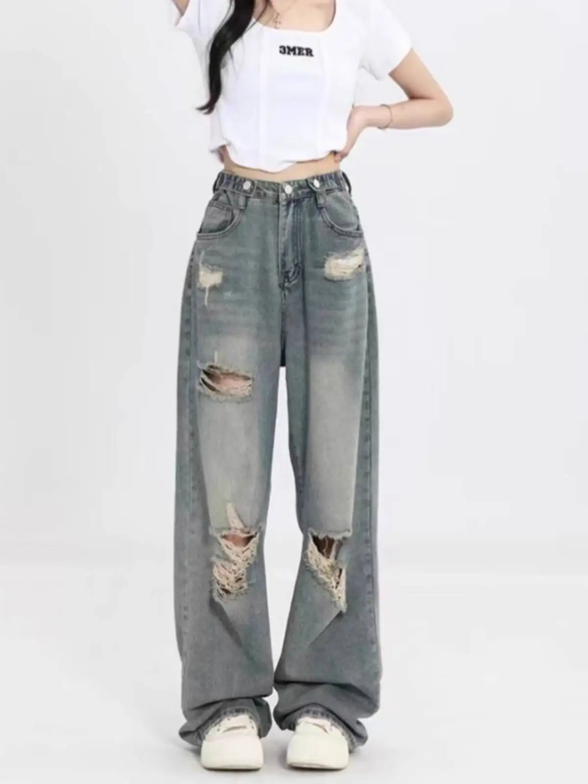 

Jeans Women Long Pants Elegant Splice Denim Pant Slim Fit Hole High Waist Button Pocket Straight Trousers Summer 2025