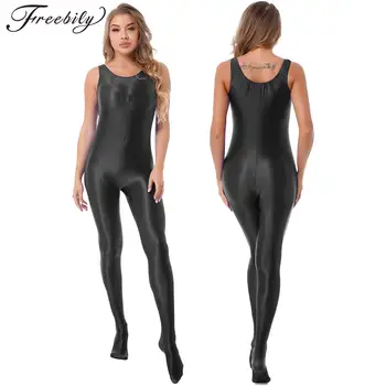 ผู้หญิง Glossy ยืด Jumpsuit Pantyhose บอดี้สูทสีทึบแขนกุด Bodystocking Club Rave Pole เต้นรำ Clubwear