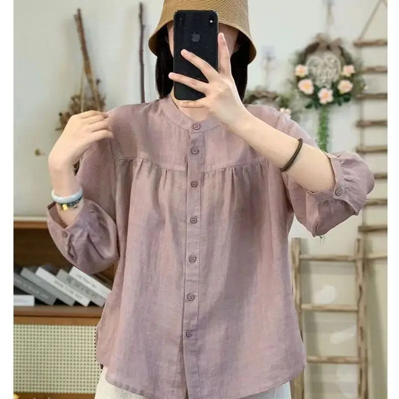 Loose Fit Cotton Linen Shirt Women's Fashionable Casual Vintage Design Seven-Quarter Sleeve Top Spring Summer New Arrival