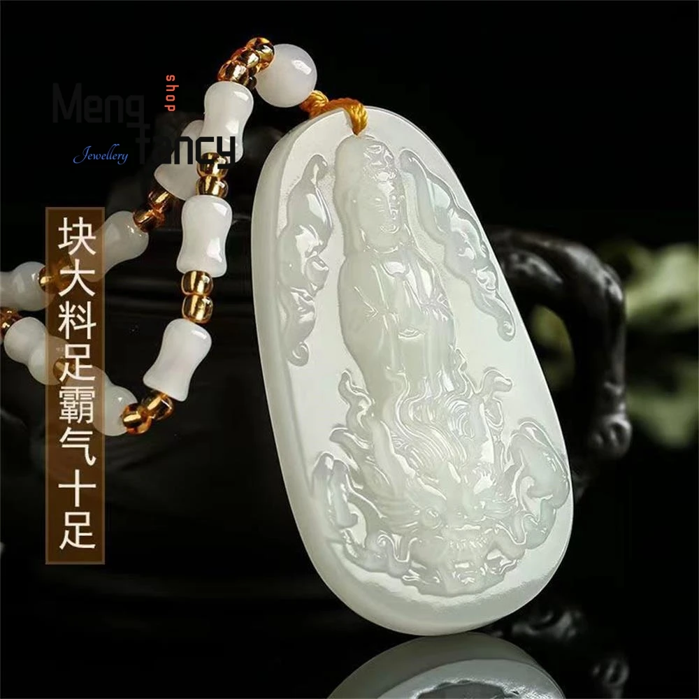 Naturale Hetian White Jade Imperial Dragon Guanyin Bodhisattva ciondolo semplice squisito buddista amuleti gioielli di moda di lusso