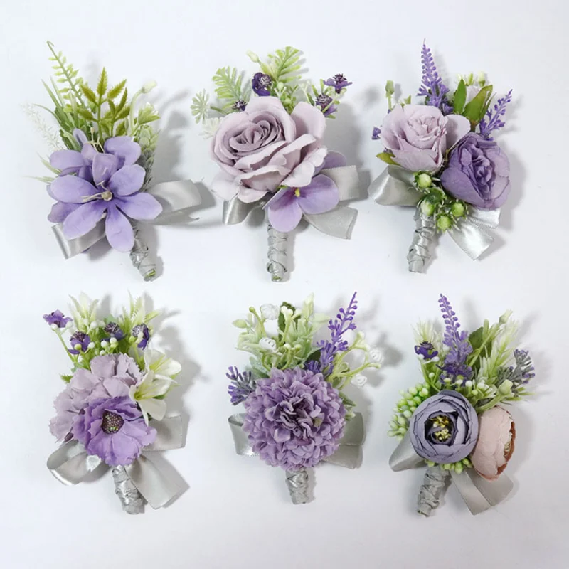 Lila Künstliche Blumen bransoletka kwiaty ślubna Boutonnieres Handgelenk Corsage Hochzeit Zubehör