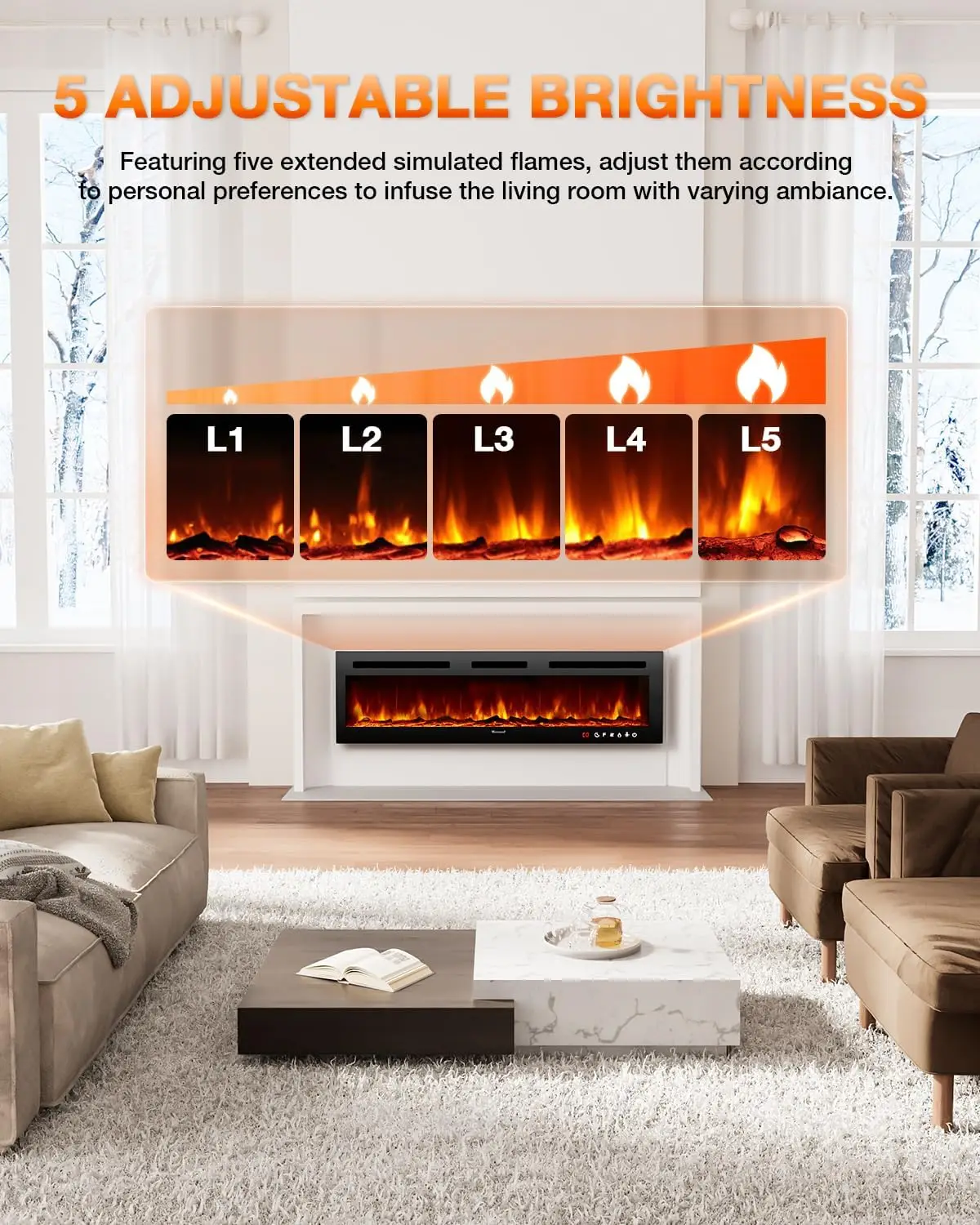 Fireplace 60Inch,Realistic Flame Electric Fireplace Heater,Log Set/Crystal Flames 750-1500W with Timer Inserts/Wall Mou