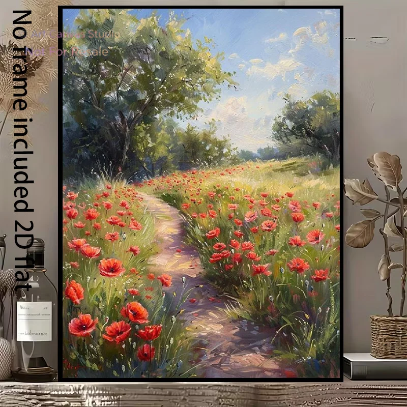 2D Flat, 2D Flat, [2D Flat] 1pc Decorative Canvas Painting Summer Red Poppy Flower Field Path Landscape Canvas Art, Lush Gree