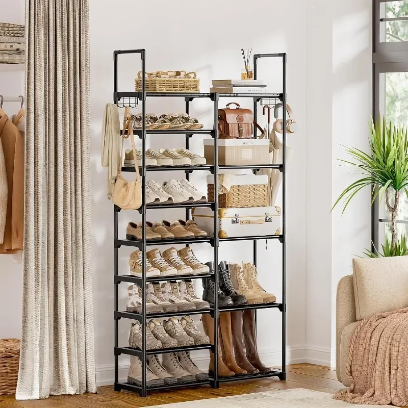 Black Shoe Rack StorageOrganizer  Shoe Tower Unit Shelf with Metal Pipes Plastic Connectors Stackable  Rack