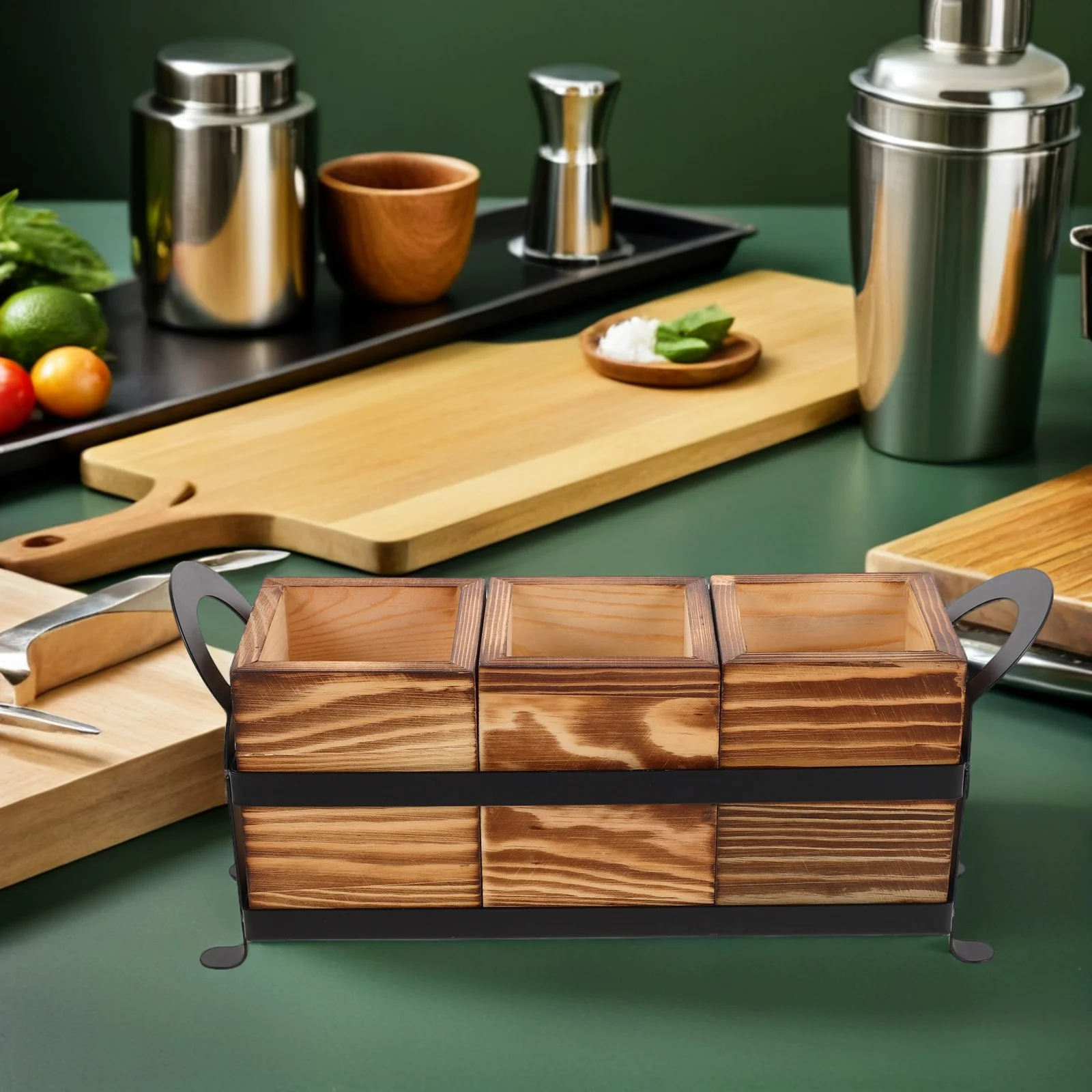 Caddie à ustensiles en bois, organisateur d'argenterie rustique, caddie à couverts, porte-brosse de maquillage, rangement sur comptoir de cuisine