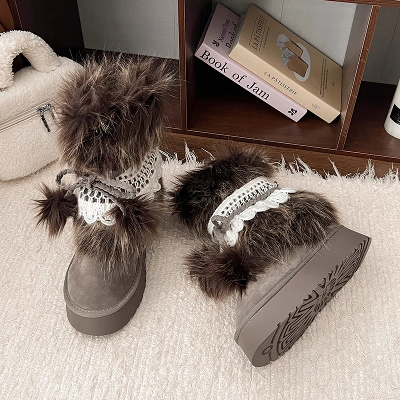فو الفراء النساء الشتاء الثلوج الفاخرة رقيق غامض دافئ دافئ منصة مقاومة للماء الدانتيل متابعة منتصف العجل أحذية التزلج 2025 جديد حار