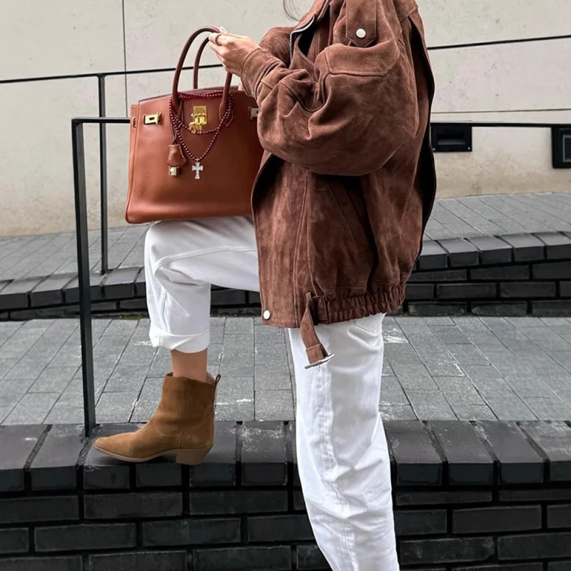 2025Moda casual retrò allentata corta marrone da donna europea e americana di vendita calda