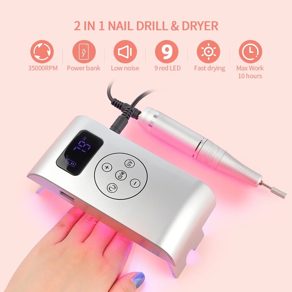 

2-IN-1 Nail Drill Pen & Mini Nail Dryer Portable Power Bank 35000RPM Manicure Nail Polisher Red Light Fast Drying LED Nail Lamp