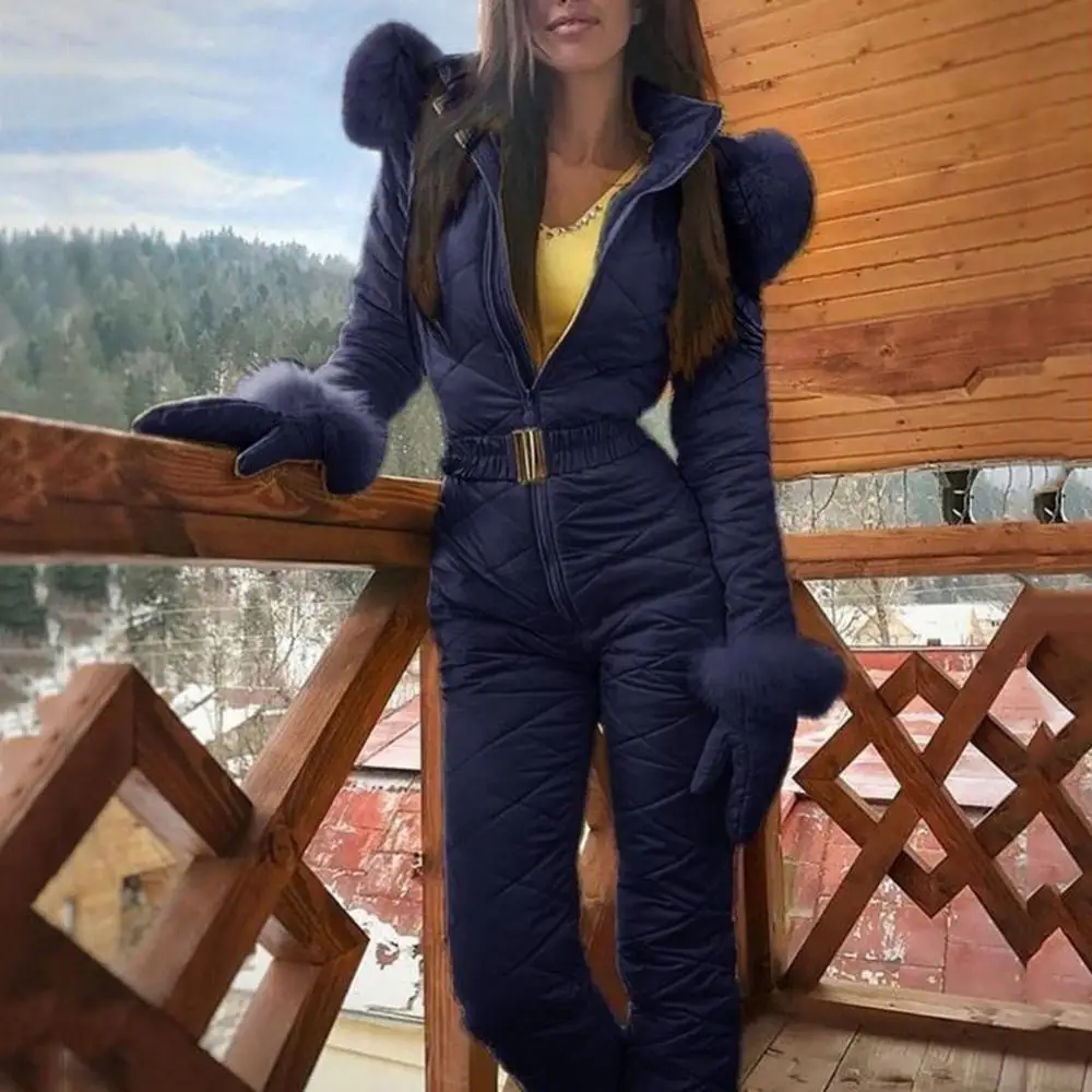 Outdoor Jumpsuit Zipper Skiing Hooded Women Warm Winter Faux Fur Collar Fleece Jumpsuit