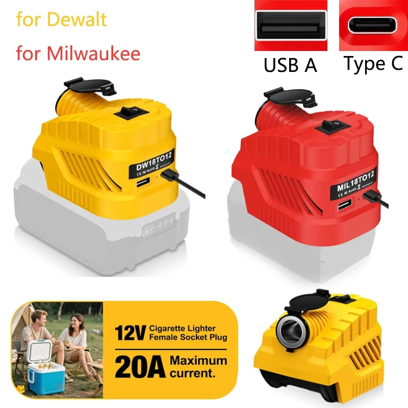 

Cigarette Lighter Interface Power Supply for Dewalt/Milwaukee 18V Li-ion Battery DC 12V Buck Converter Regulator with USB Type C