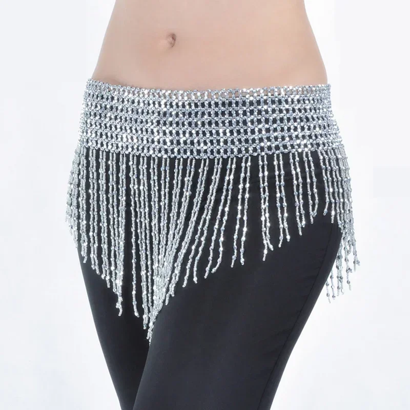 Women Tassel Hip Scarf Belly Dance Elastic Wrapped Belt with Gold/silver Beaded Fringes