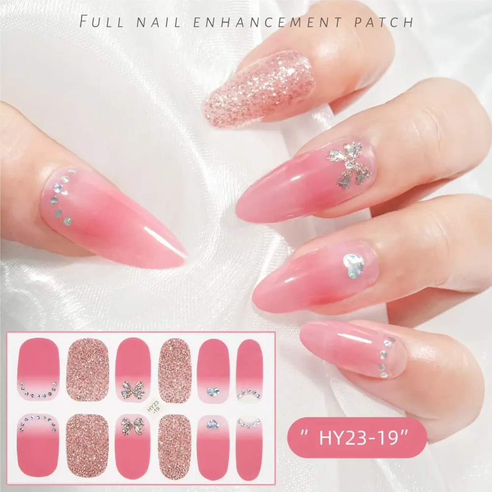 

12Tips Gel Polish Full Nail Enhancement Patch Self-Adhesive Oil Film Wrap Glitter DIY Nail Art Sticker Pink French Slider Decals