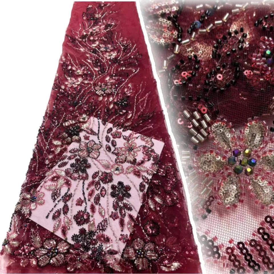 

Nigerian Sequins Party Red Lace African Beads Lace Fabric 2025 High Quality 5 Yards African French Tulle Net Lace Fabric TP1353