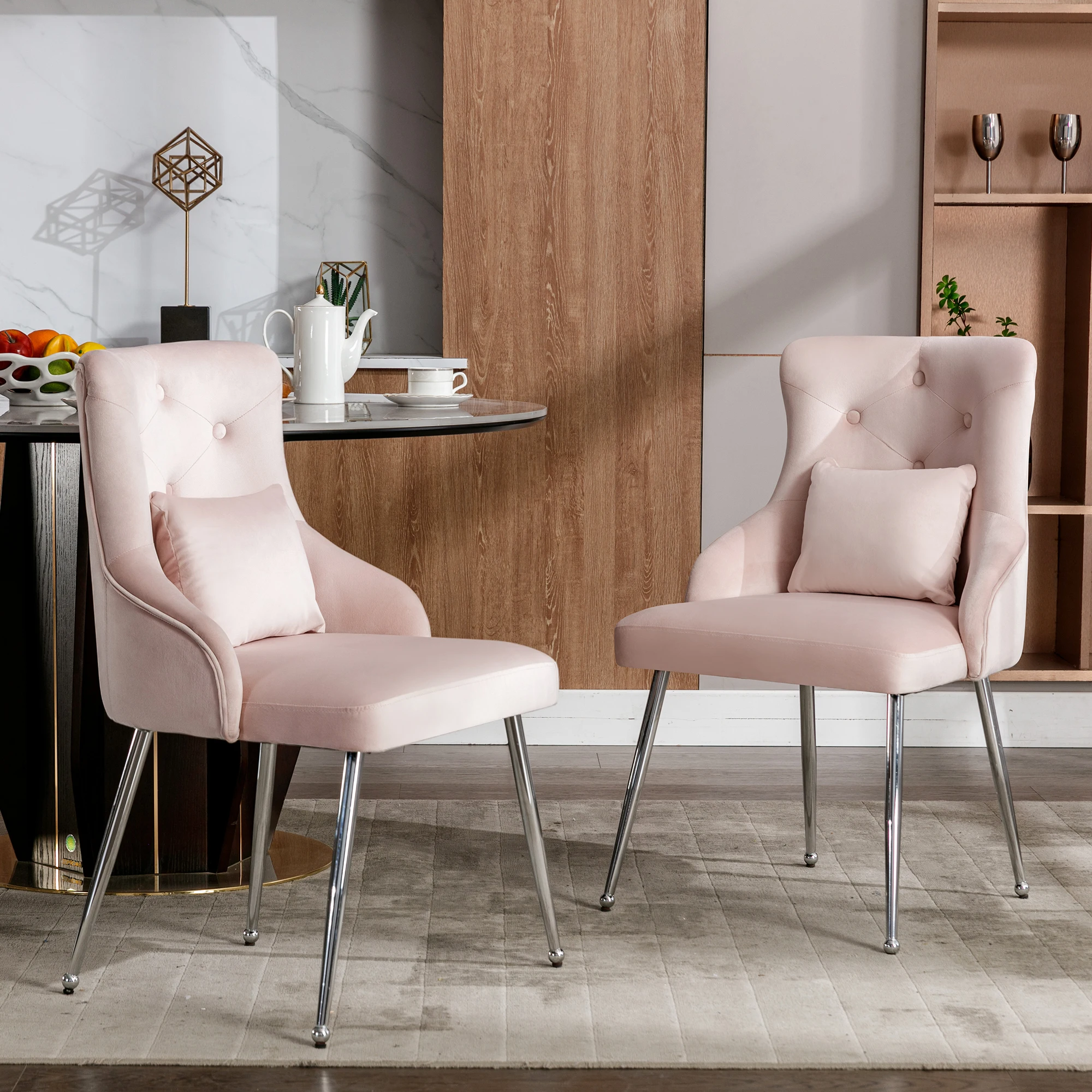 VSOGA 2-set button pattern dining chair padded armchair metal legs pink