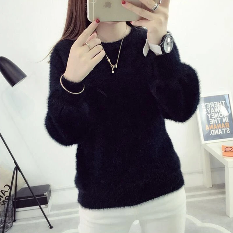 Winter Imitate Mink Wool Hot Flecing Long Puff Sleeve Female O-neck  Elastic Casual Sweater Women Knitted Tops Pullovers Solid