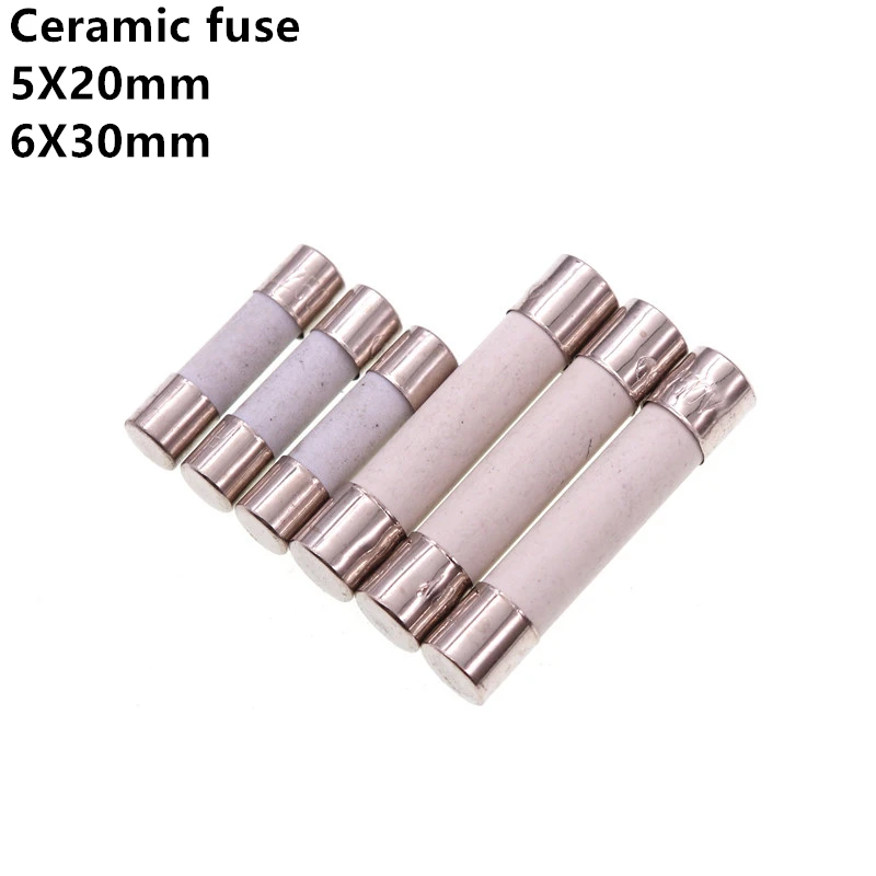 20Pcs 5X20mm 6X30mm Fast Blow Tube Fuses mm 250V 0.1A 0.2 0.25 0.3 0.5 1A 2 3 3.15 4 5 6.3 10 15 20 25 30A AMP Fuse Ceramic Fuse