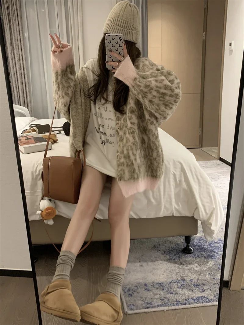 Mohair Leopard Print Knitted Cardigan for Women V-neck Long Sleeve Loose Single-breasted Sweater Coats Casual Autumn Fashion