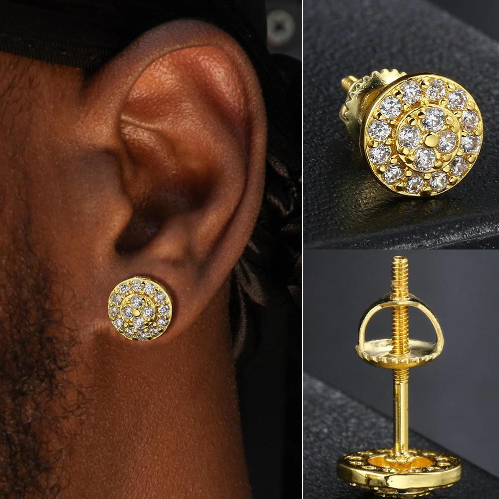 Pendiente Redondo Brillante De Hip Hop Para Hombre, joyería De Lujo Micro pavé CZ, Regalo Para Hombre, Color dorado, OHE180