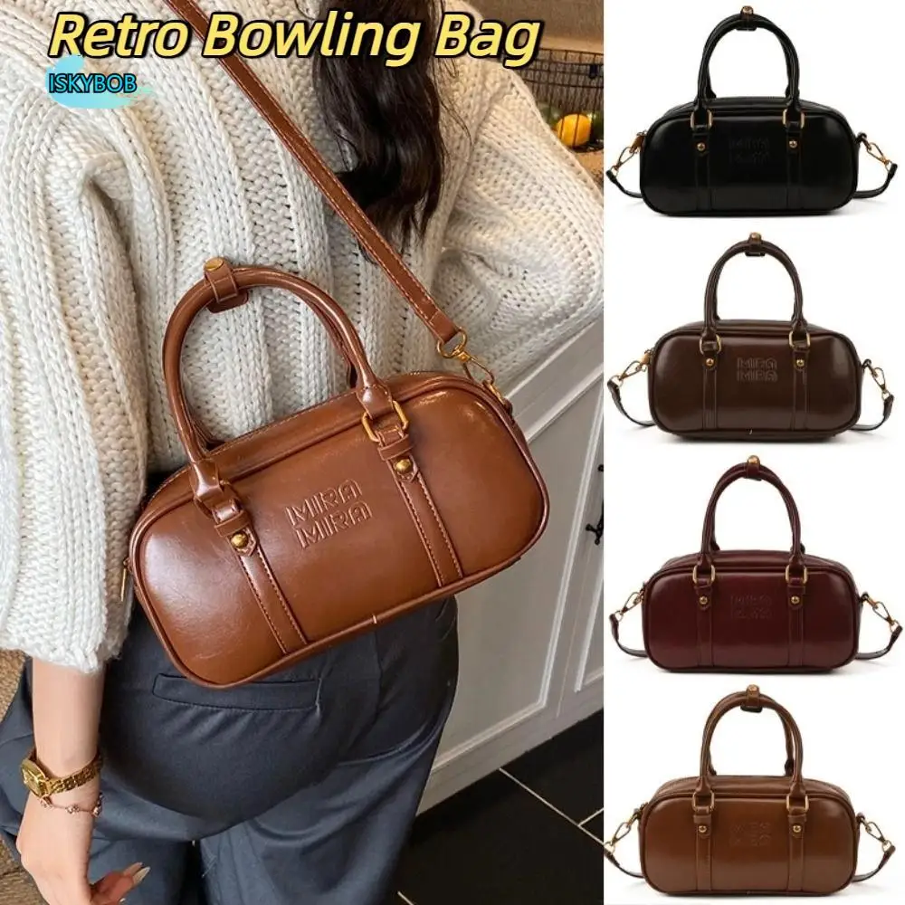 

Ins PU Leather Bowling Bag Handbag Korean Style PU Boston Bag Solid Color Large Capacity Sling Bag Shopping