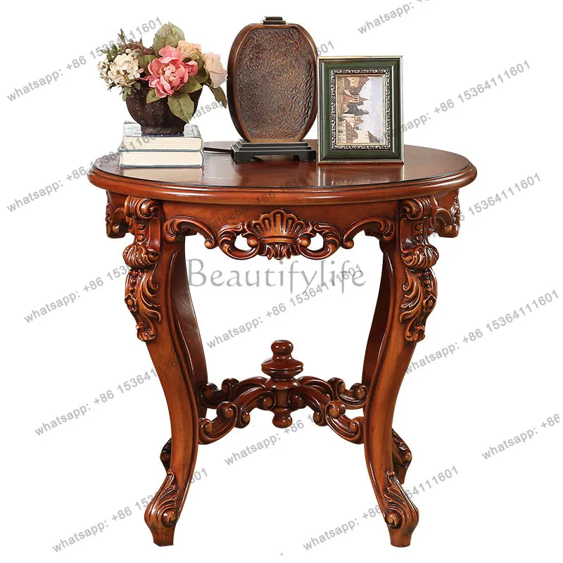 American solid wood round table, European lounge sofa, small round table in the living room