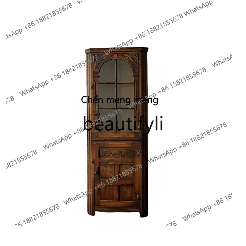 Solid wood, glass door carved side cabinet French triangular storage cabinetH