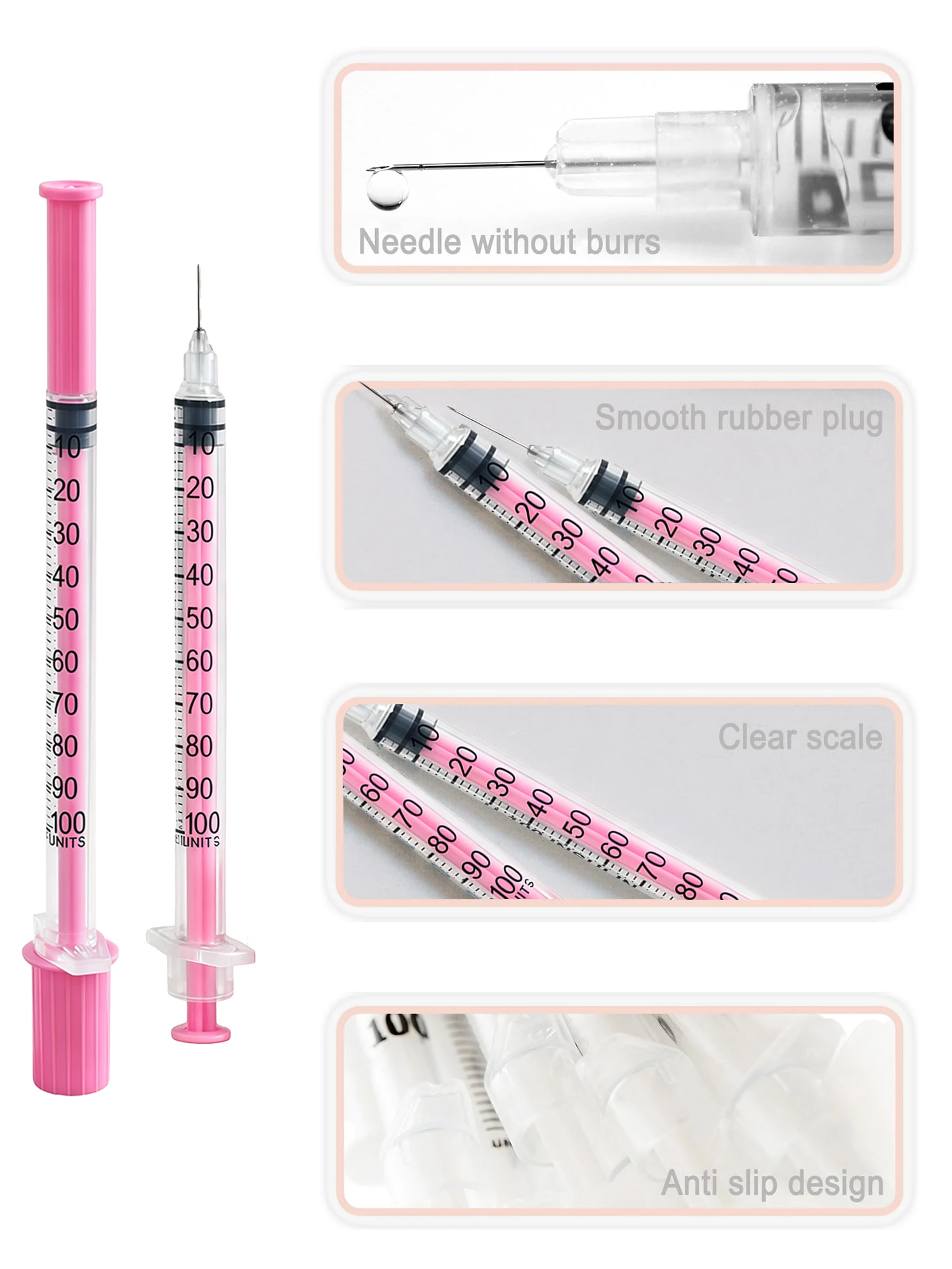 50/100 Stück 1ml Rosa Einweg-Insulinspritze 30G 31G 8mm Nadel Sterile Hypodermische Injektionsspritze Einzeln Verpackt – Detail 1