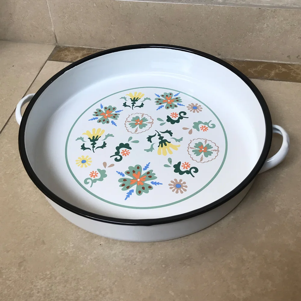 

Decorative Enamel Round Food Serving Tray with Handles