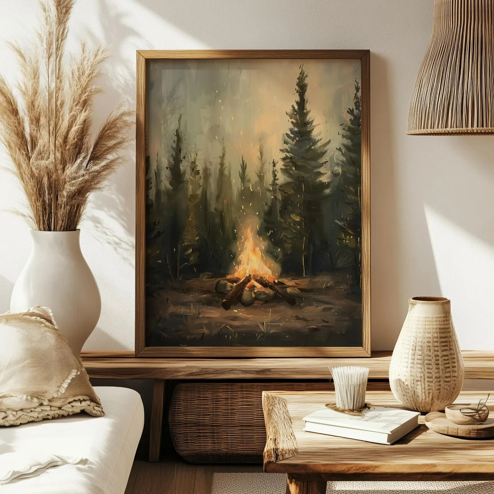Rustic Campfire Oil Painting Canvas Wall Print, Modern Art Illustration, High‑Grade Home Decoration Artwork for Bedroom, Living