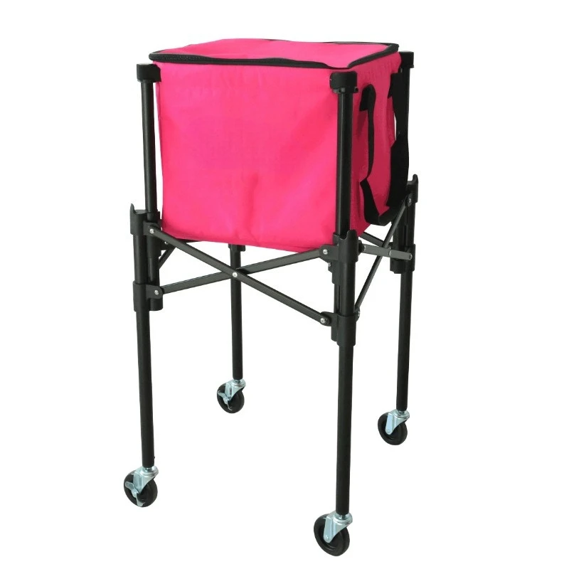 عربة تنس باللون الوردي النيون، عربة تغذية محمولة قابلة للطي، إطار كروي للتدريب بسعة كبيرة مع عجلات