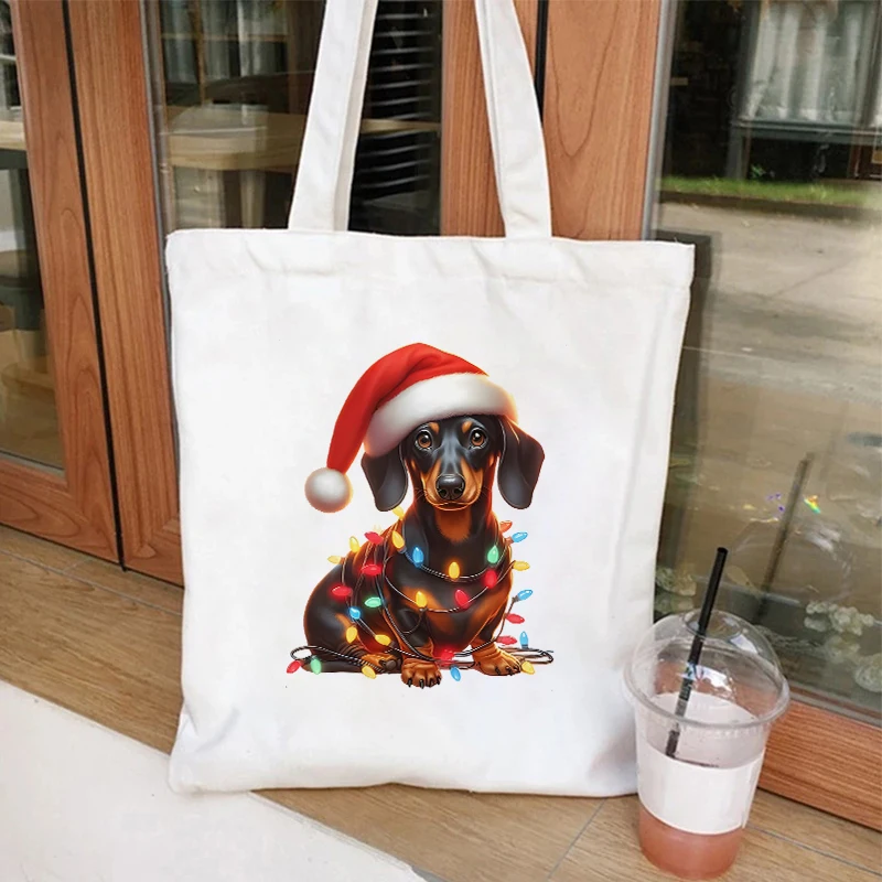 عيد الميلاد الكلب أكياس التسوق حفلة عيد الميلاد حمل حقيبة عيد الميلاد موضوع المرأة أكياس التسوق حقيبة قماش قنب مع حقائب اليد حقيبة سوبر ماركت