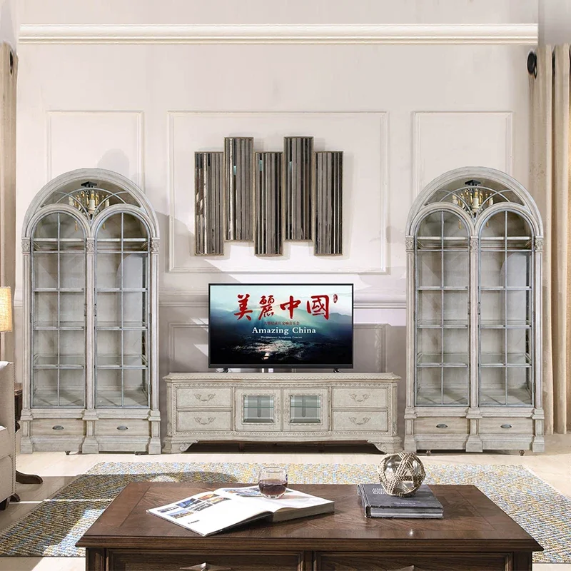 

American double-door wine cabinet glass decorative display cabinet architectural revival home living room retro old bookcase