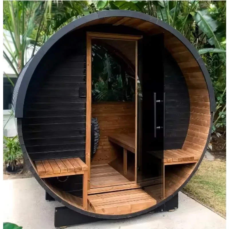 【2026】Factory Wholesale 4-6person Modern Customizable Carbonized Spruce Black Barrel Sauna Room Steam Sauna With Half-viewing Wi