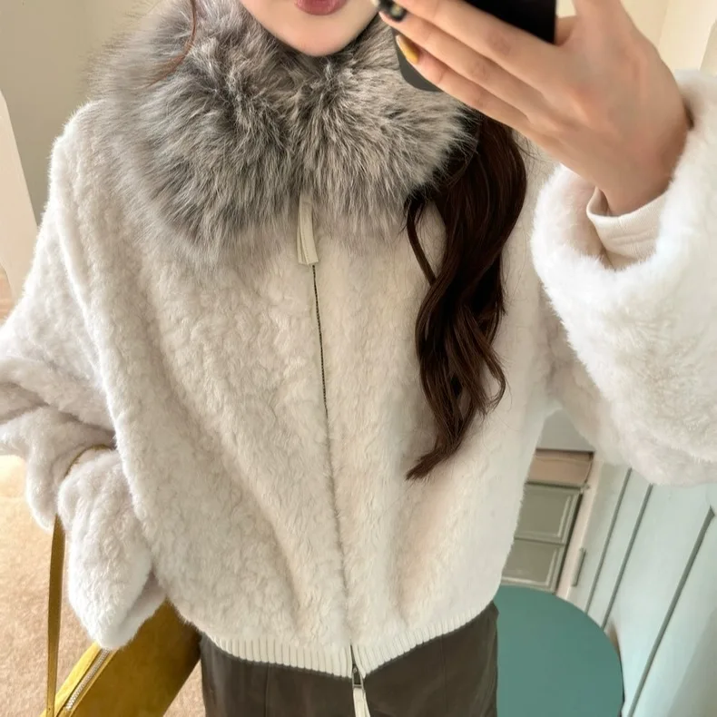 

Шикарный женский Jaet, осенне-зимний новый универсальный топ с большим меховым воротником, кольцо из меха ягненка, теплый длинный свек или длина