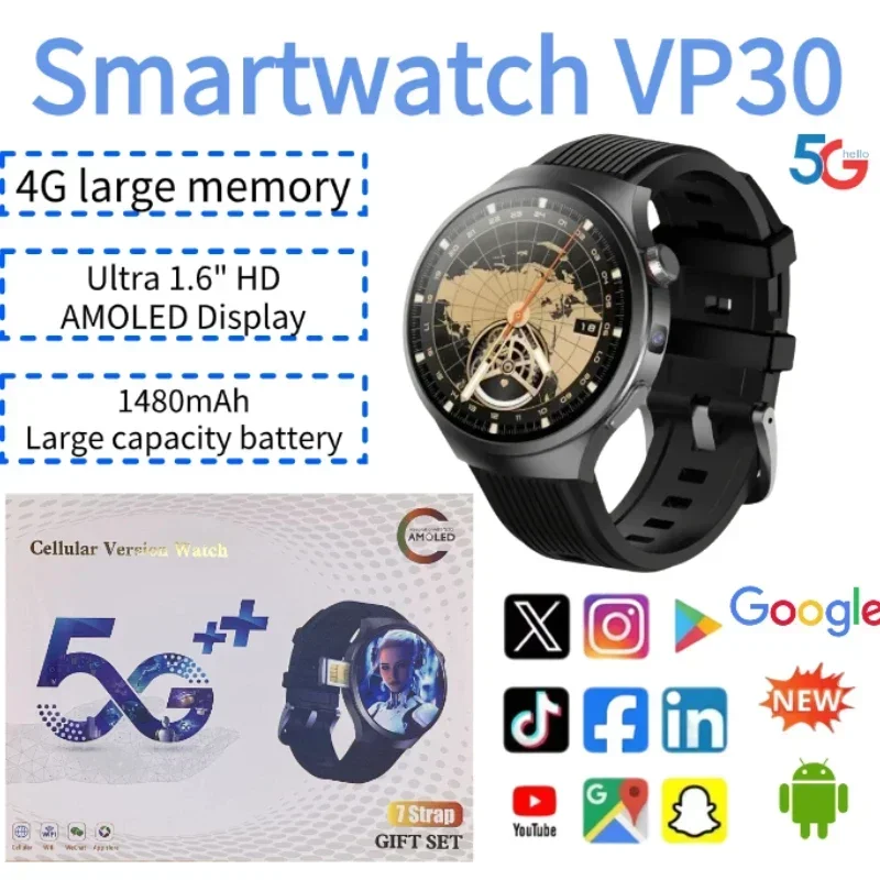 VP30 Android Smartwatch 5G SIM Card Slot 128GB Memory 1100mAh AMOLED Screen Dual Camera GPS WiFi Fitness Tracker for Men