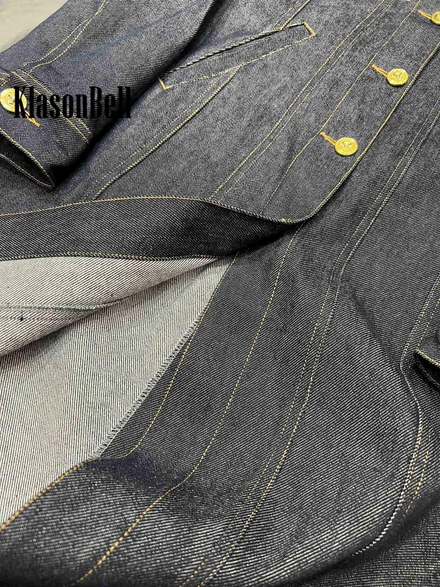 9.30 KlasonBell Women Temperament Classic Gold Button Long Denim Jacket Lapel Spliced Slim Back Split Long Sleeve Outerwear