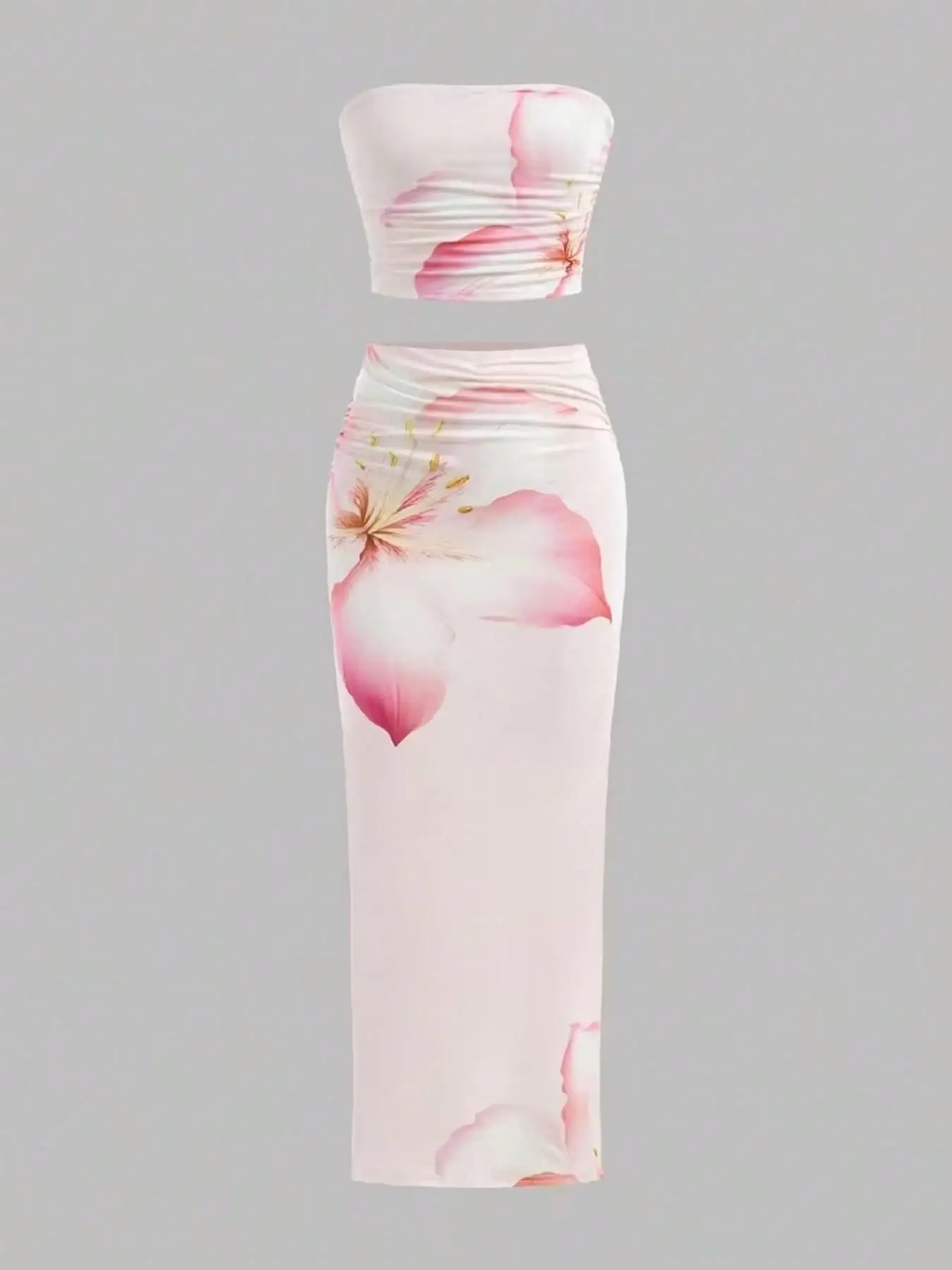 Girls' 2-Piece Set, Gradient Hibiscus Print Crop Top & Pleated Skirt, Cute Tropical Style, Breathable Fabric, Beach